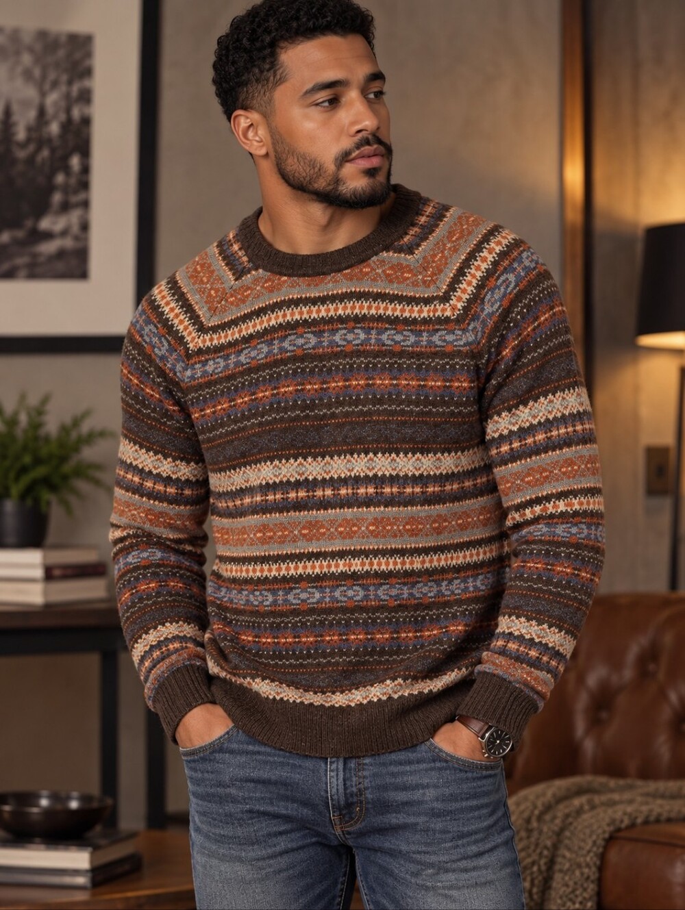 Haggar Men’s Fair Isle Crewneck Wool Blend Sweater Brown Blue Orange